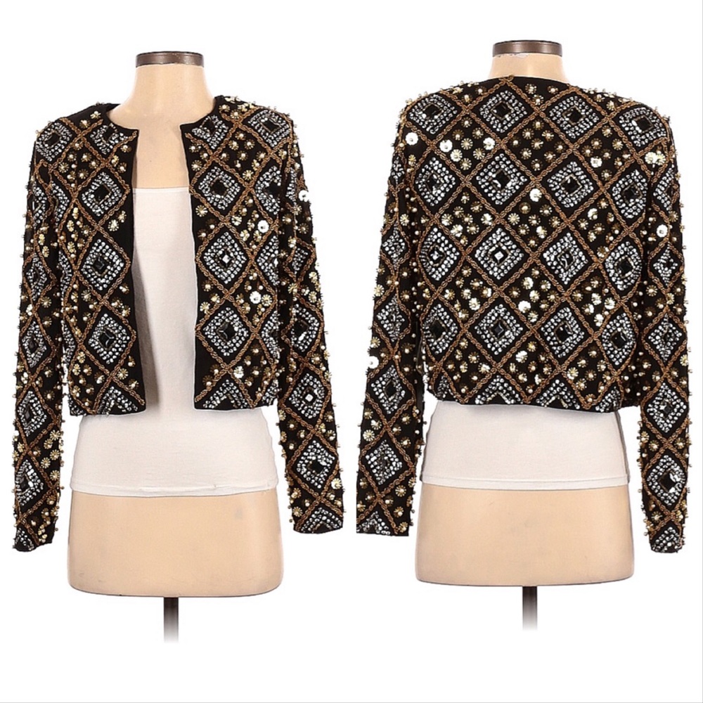 House of Harlow 1960 X Revolve Sequin & Beaded Crop Blazer Gold Silver Black XXS